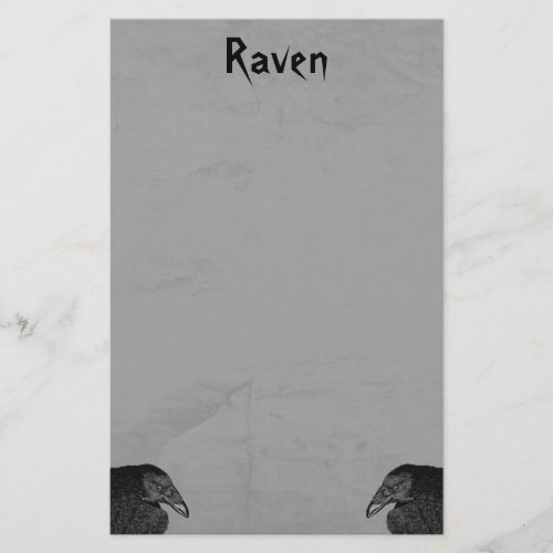 Two Gothic Type Black Raven Illustrations on Gray Stationery