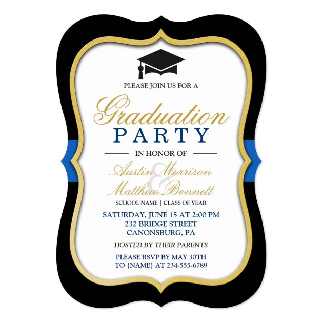 Two Grads - Gold Bracket Frame Graduation Party Card (front side)