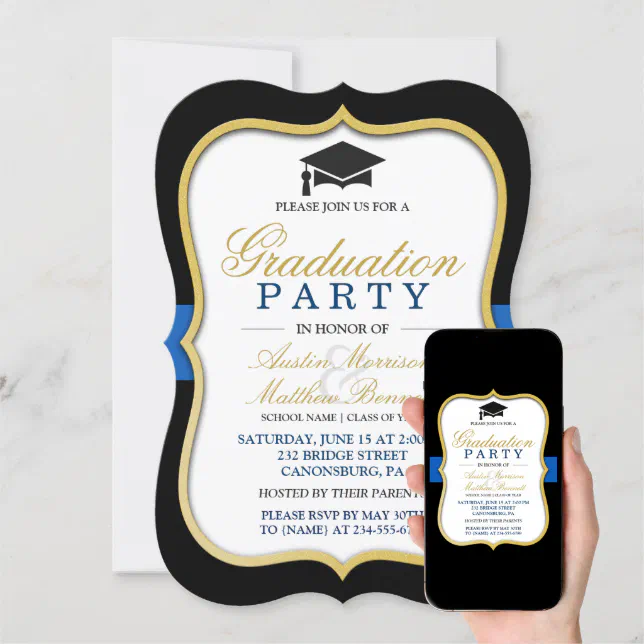 Two Grads - Gold Bracket Frame Graduation Party Invitation | Zazzle