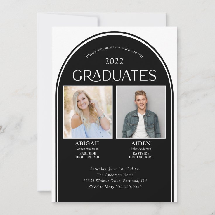 Two Graduates Black Arch Double Graduation Invitation Zazzle