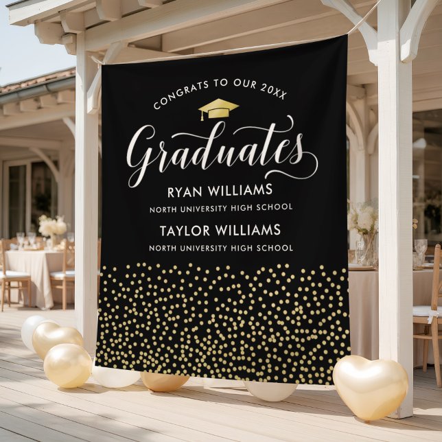 Two Graduates Black Gold Confetti Backdrop (Creator Uploaded)