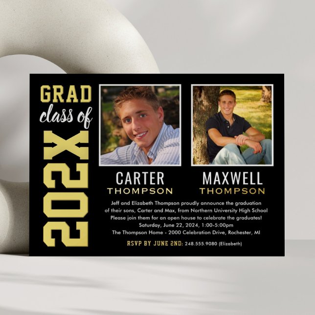 Two Graduates Black Gold Graduation Party Photo Foil Invitation (Creator Uploaded)