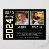 Two Graduates Black Gold Graduation Party Photo Foil Invitation (Front)