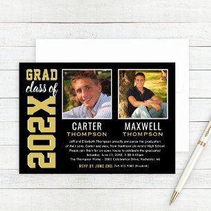 Two Graduates Black Gold Graduation Party Photo Invitation