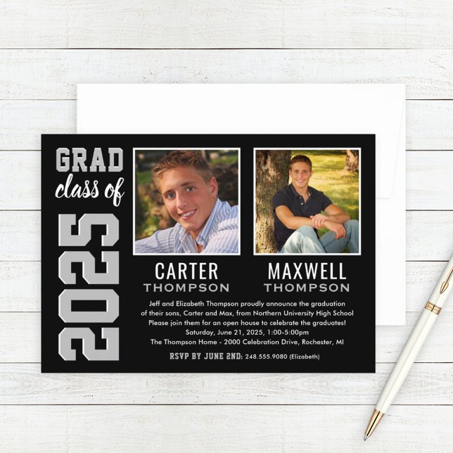 Two Graduates Black Gray Graduation Party Photo Invitation (Creator Uploaded)