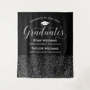 Two Graduates Black Silver Script Backdrop