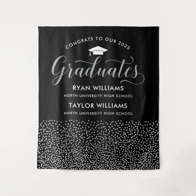Two Graduates Black Silver Script Backdrop (Front)