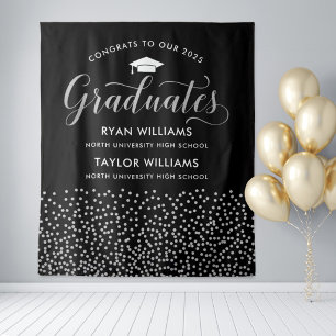Two Graduates Black Silver Script Backdrop