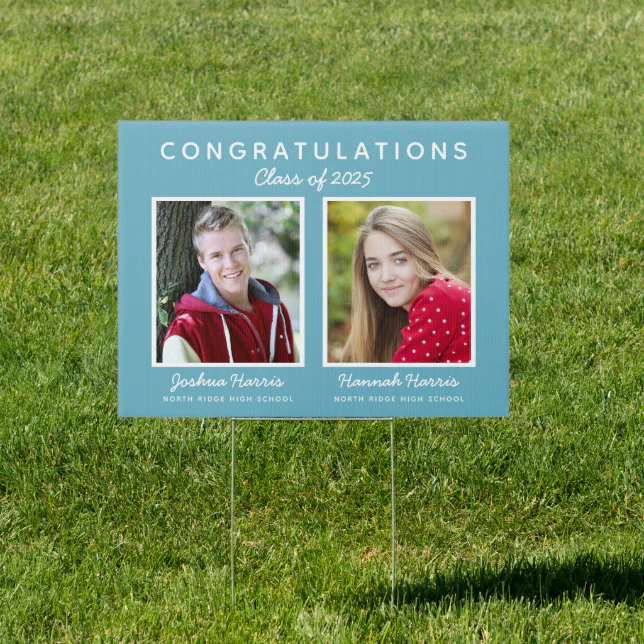 Graduation Photo Both Sign Two Graduates Double Graduation Turquoise Blue Sign | Zazzle