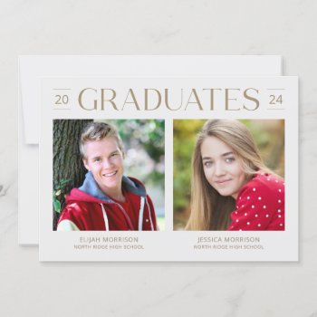 Two Graduates Minimal Gold Photo Graduation Party Invitation by dulceevents at Zazzle