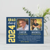 Two Graduates Navy Yellow Graduation Party Photo Invitation (Standing Front)