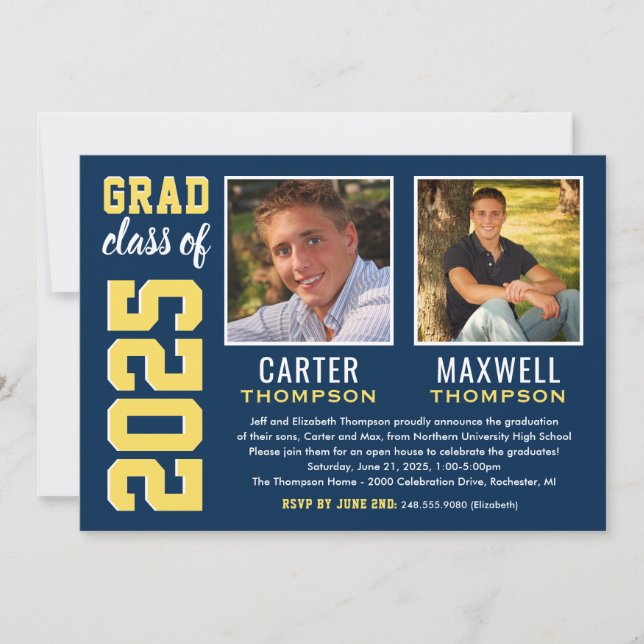 Two Graduates Navy Yellow Graduation Party Photo Invitation (Front)