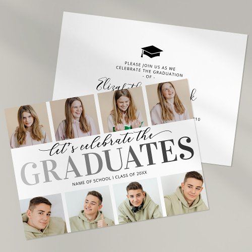 Two Graduates Photo Graduation Party Invitation - Celebrate two graduates with these modern joint graduation party invitations featuring 8 photos for you to replace, and a simple elegant celebration template that is easy to personalize. You can adjust the wording on the back of the personalized invite to make this into a graduation announcement.