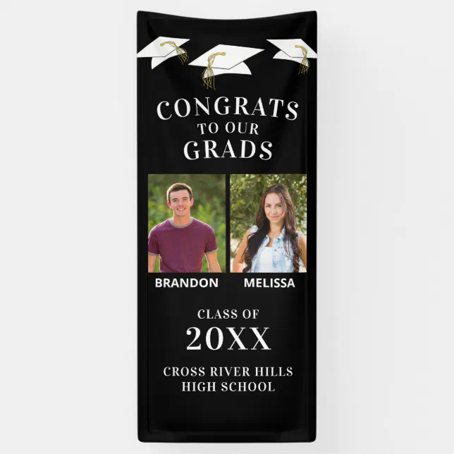 Two Graduates Photos CONGRATS GRAD Caps Black Banner | Zazzle