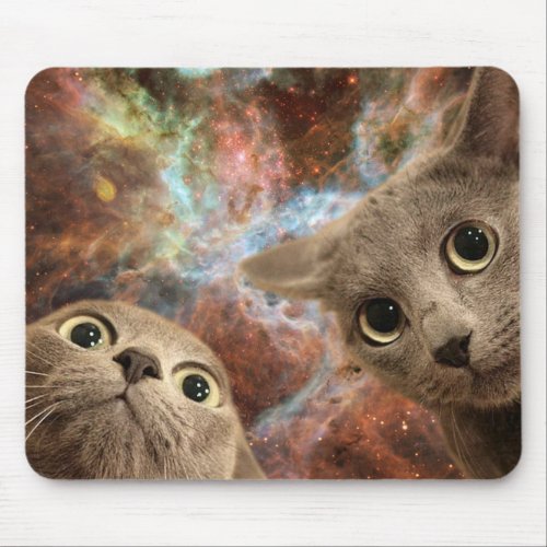 Two Gray Cats in Space Before a Nebula Mouse Pad
