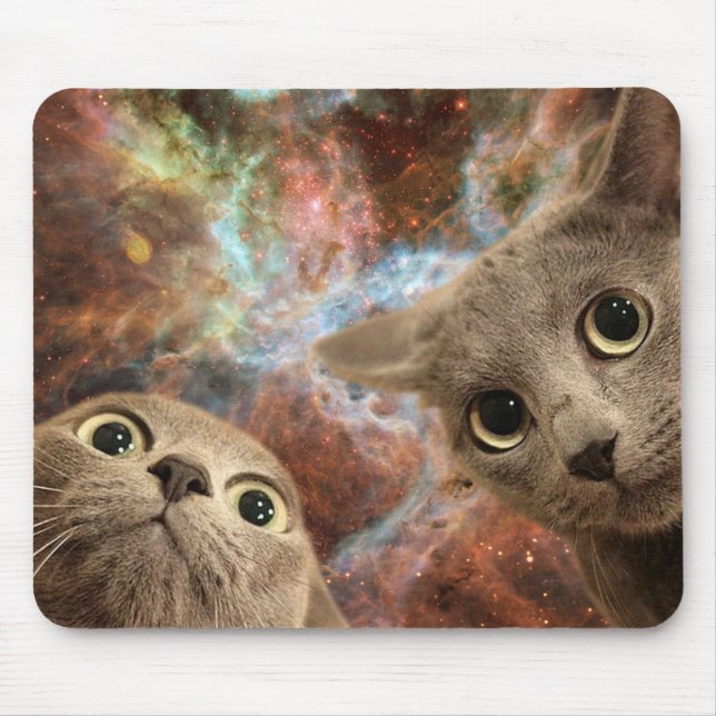 Two Gray Cats in Space Before a Nebula Mouse Pad (Front)