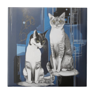 Two Gray Cats on an Abstract Background  Ceramic Tile