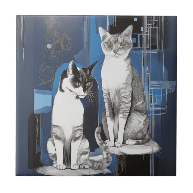 Two Gray Cats on an Abstract Background  Ceramic Tile (Front)