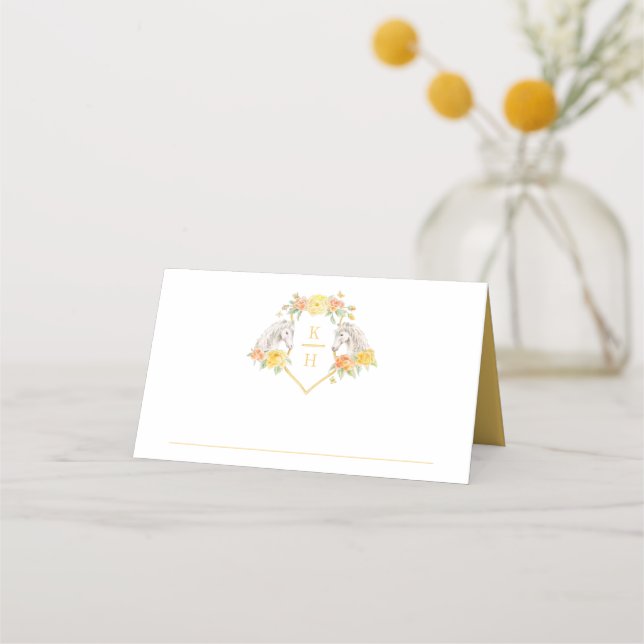 Two gray horses monogram yellow  white wedding place card (Front)