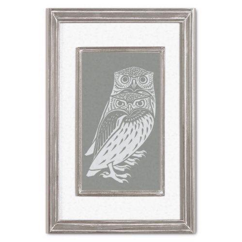 Two Gray Owls Vintage Wood Frame Woodcut Tissue Paper