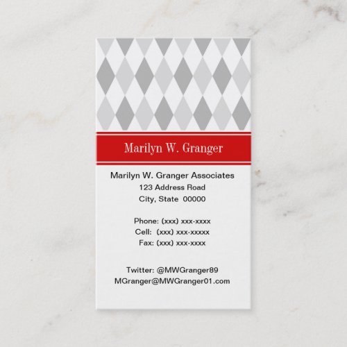 Two Gray White Harlequin Red Ribbon Name Monogram Business Card