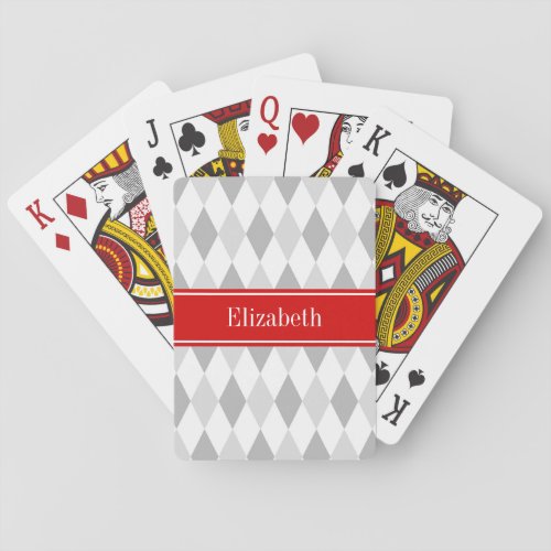 Two Gray White Harlequin Red Ribbon Name Monogram Playing Cards