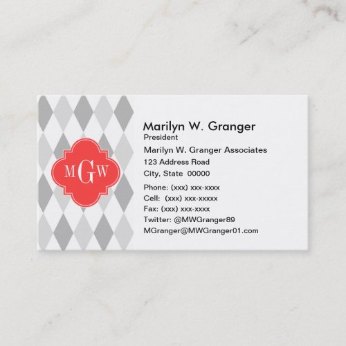 Two Gray Wht Harlequin Coral 3 Initial Monogram Business Card