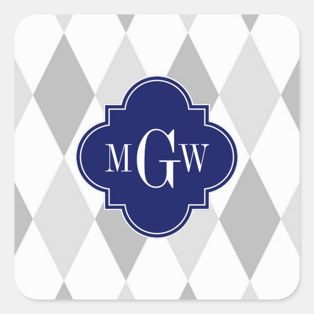 Two Gray Wht Harlequin Navy 3 Initial Monogram Square Sticker (Front)
