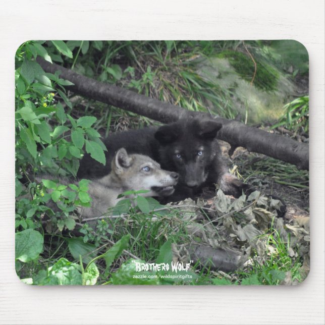 Two Gray Wolf Pups Playing Wildlife Nature Photo Mouse Pad (Front)
