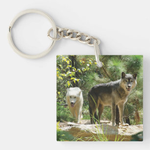 Two Gray Wolves in Forest Keychain