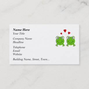 Two green frogs with red hearts. business card