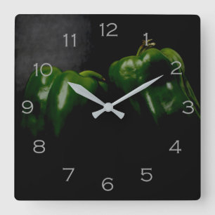 Two Green Peppers Grey Numbers wcm Square Wall Clock