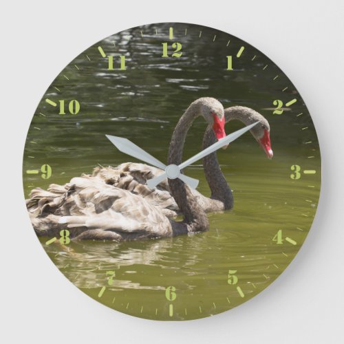 Two grey swans on the lake large clock