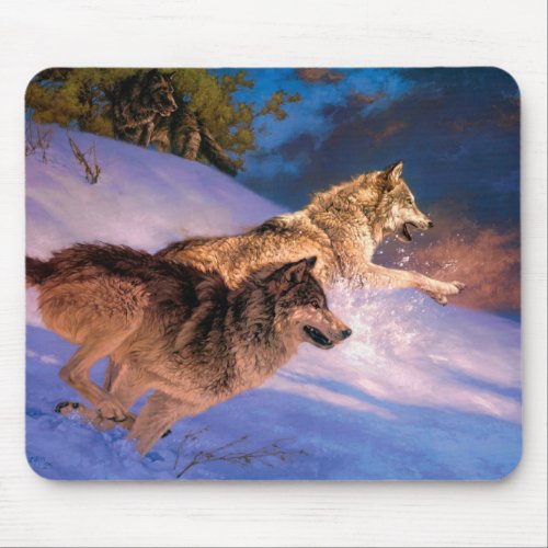 Two grey wolf in winter nature mouse pad