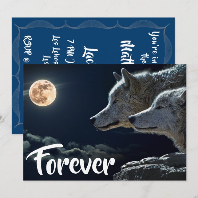 Two Grey Wolves & Full Moon Wedding Invitation (Front/Back)