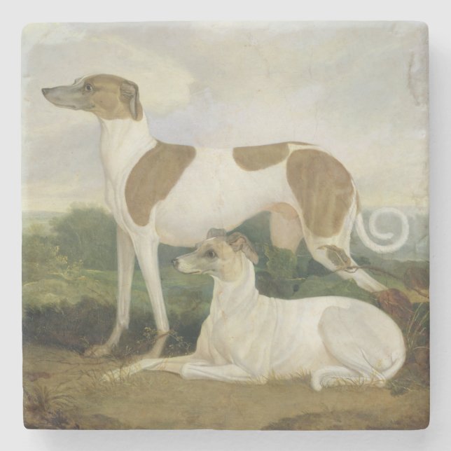 Two Greyhounds in a Landscape (oil on canvas) Stone Coaster (Front)