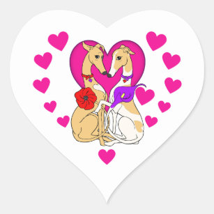 Two Greyhounds Pink Heart and Flowers Heart Sticker