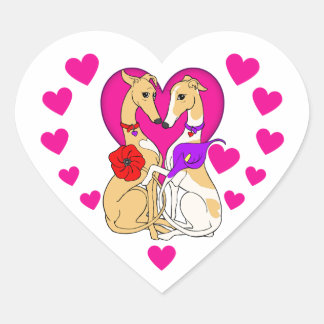 Two Greyhounds Pink Heart and Flowers Sticker