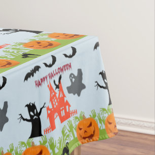 Two Grinning Pumpkins, Bats, Haunted House  Tablecloth