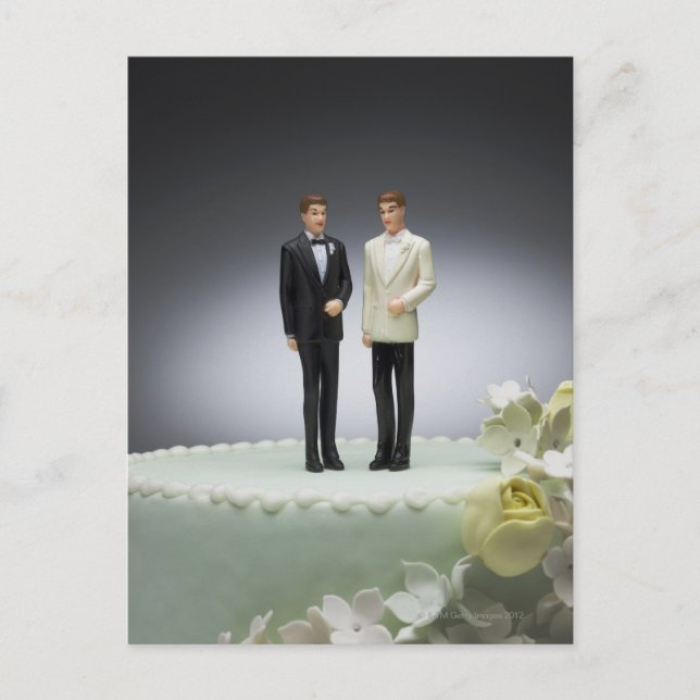 Two groom figurines on top of wedding cake postcard (Front)