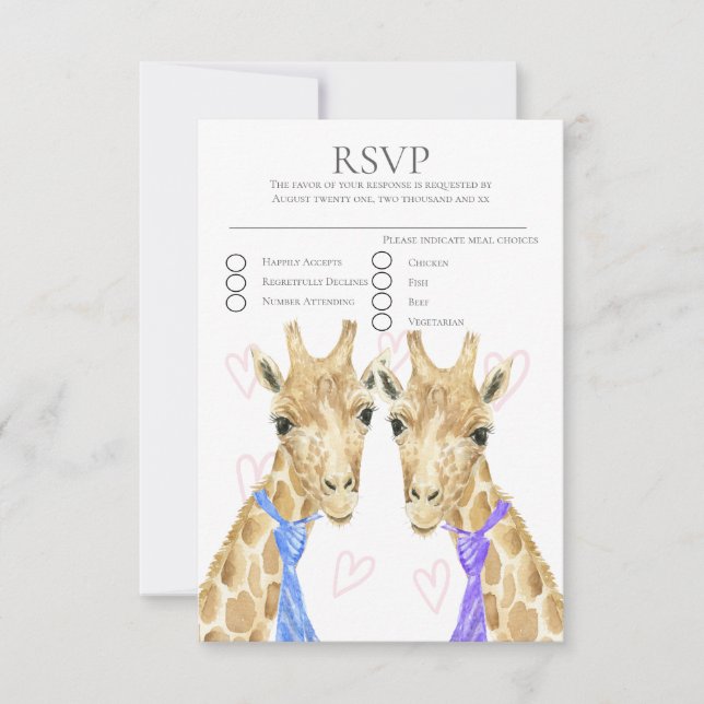 Two Groom Giraffe Gay Wedding  RSVP Card (Front)