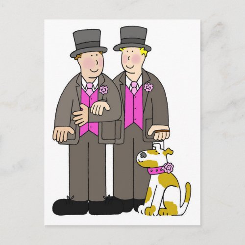 Two Grooms and their Dog Wedding Cartoon Postcard