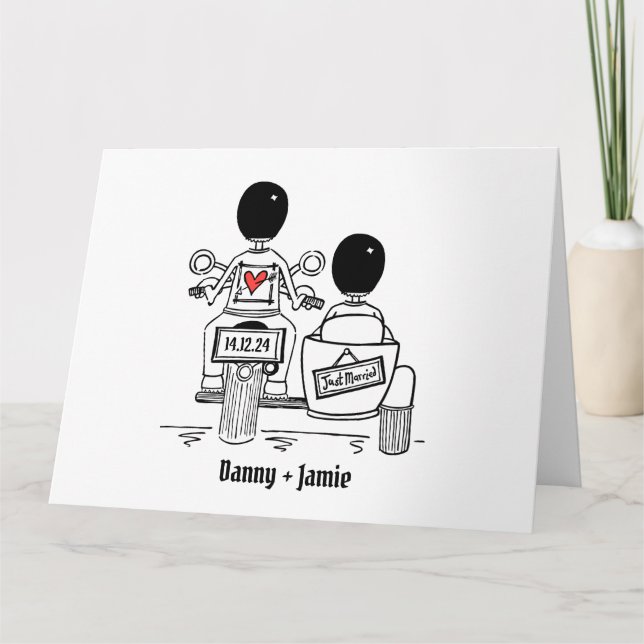 Two Grooms Biker Motorcycle and Sidecar Wedding Card (Front)