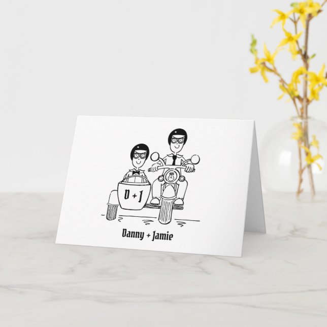 Two Grooms Biker Motorcycle and Sidecar Wedding Card (Yellow Flower)