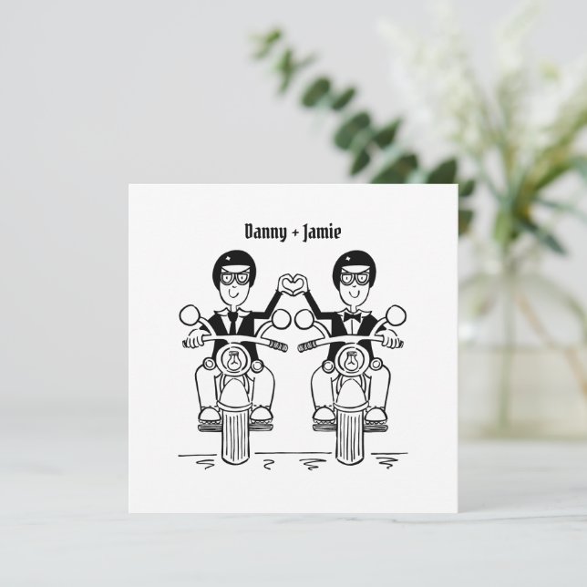 Two Grooms Biker Motorcycle Evening Wedding  Invitation (Standing Front)