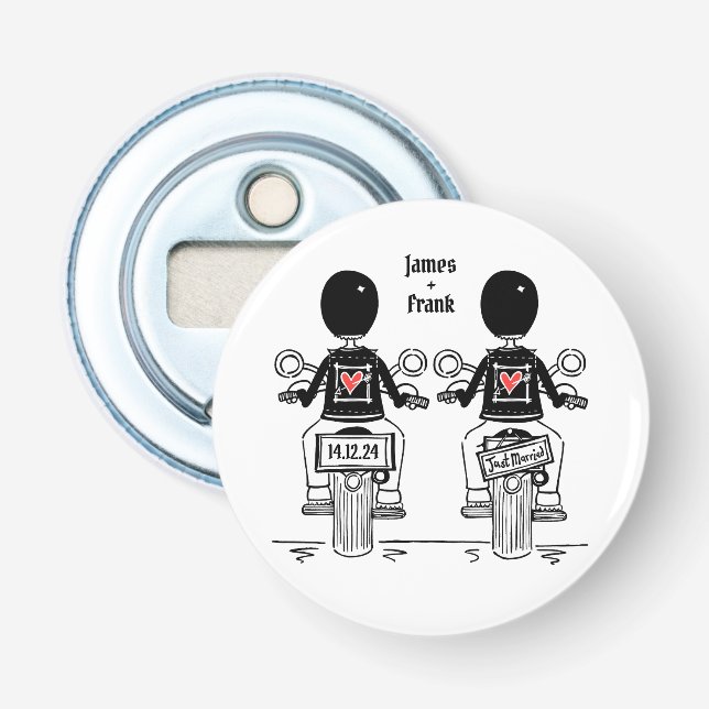 Two Grooms Biker Motorcycle Wedding Favor Bottle Opener (Front)