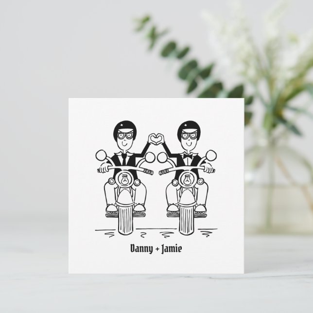 Two Grooms Biker Motorcycle Wedding Invitation (Standing Front)