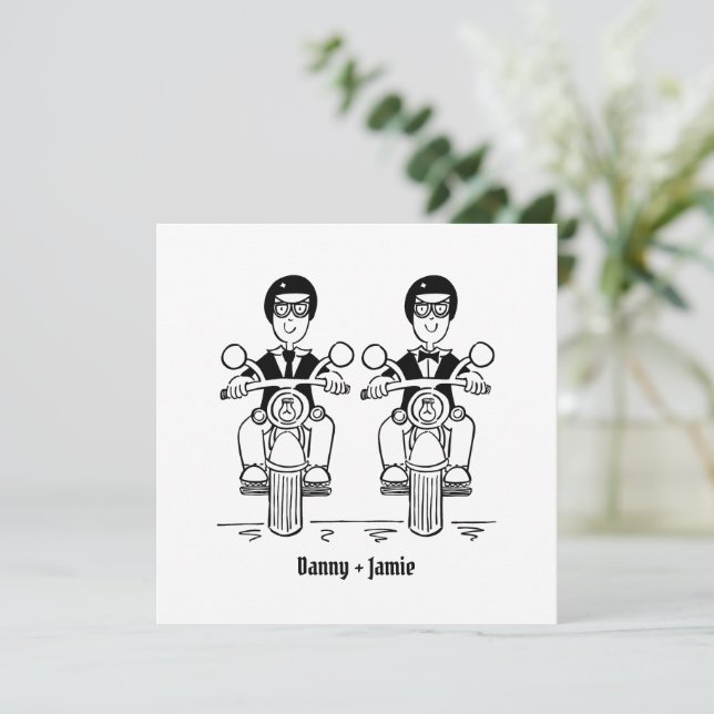 Two Grooms Biker Motorcycle Wedding Invitation (Standing Front)