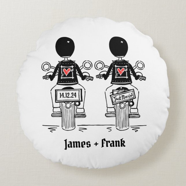Two Grooms Biker Motorcycle Wedding Round Pillow (Front)