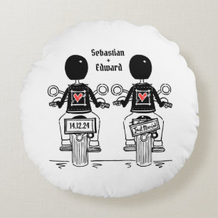 Two Grooms Biker Motorcycle Wedding Round Pillow